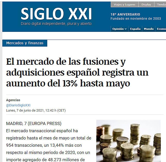 El mercado de las fusiones y adquisiciones espaol registra un aumento del 13% hasta mayo